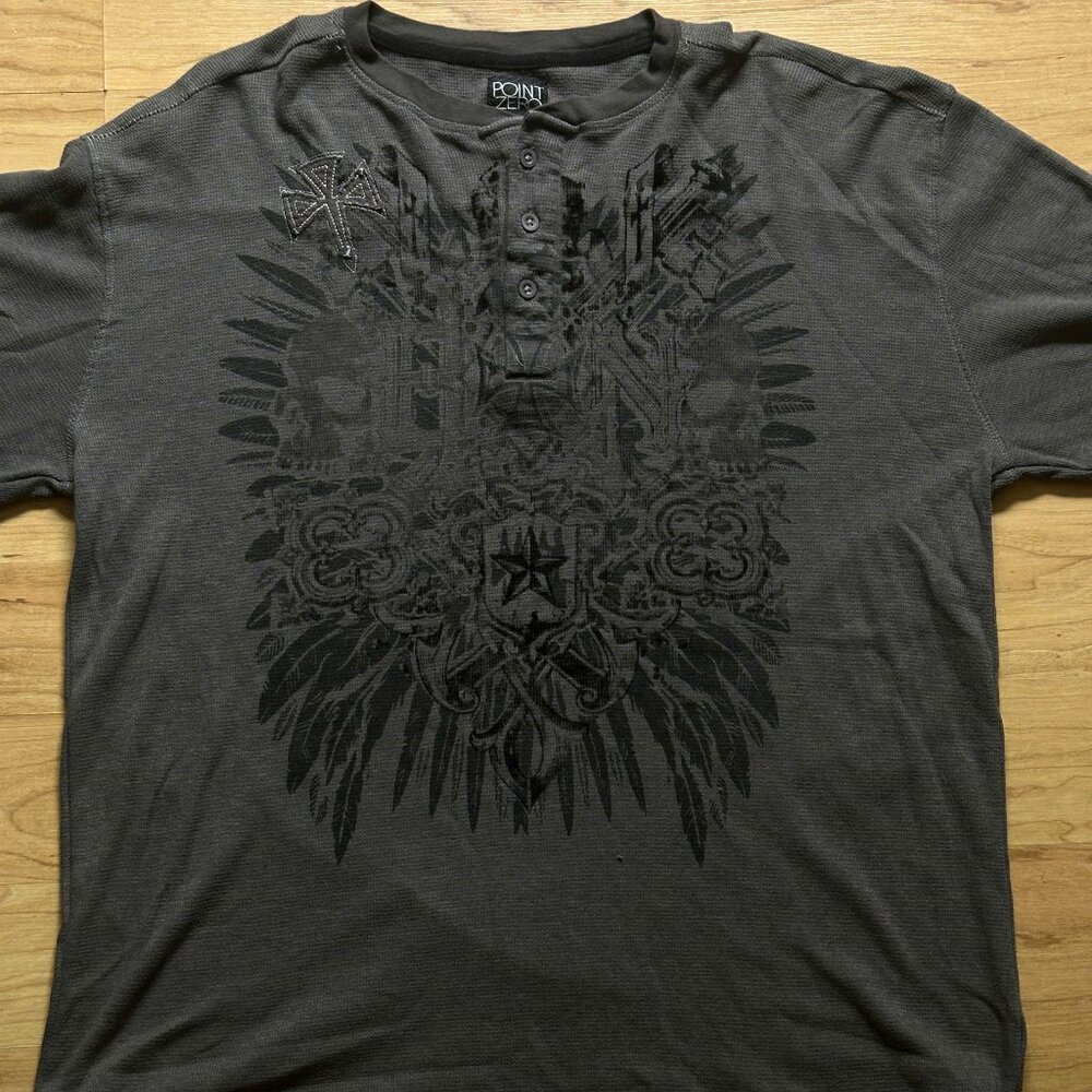 Point Zero Skull Cross Wing Grunge Cyber Y2K Thermal Style Long Sleeve Size L - Picture 4 of 4